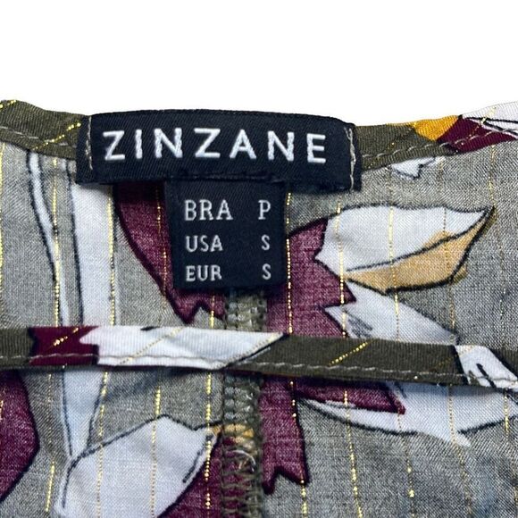 Zinzane Small Green Purple Floral Silver Metallic Stripe V Neck Crop Top Blouse - Picture 5 of 8